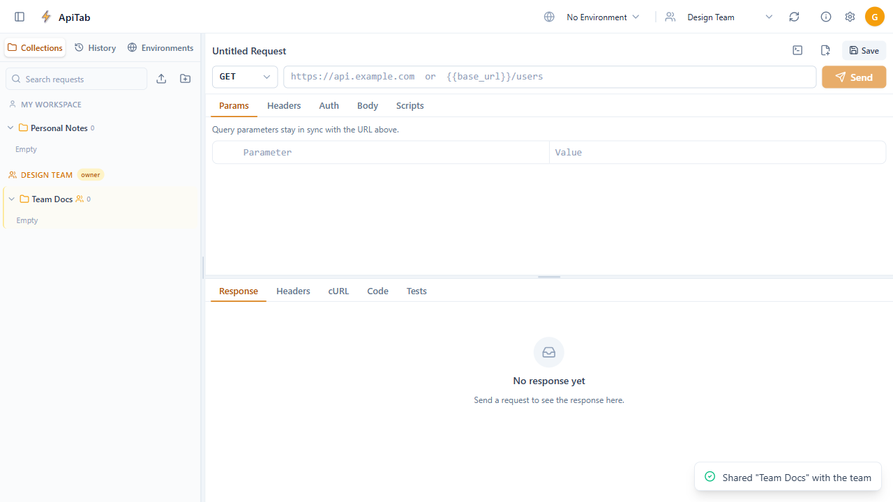 ApiTab team workspace sharing